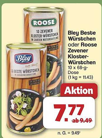 Bley Beste Würstchen oder Roose Zevener Klosterwürstchen 10 x 68-g-Dose