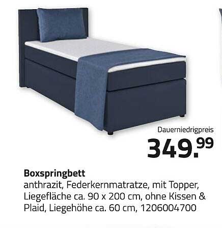 Boxspringbett anthrazit, Federkernmatratze, mit Topper, Liegefläche ca. 90 x 200 cm, ohne Kissen & Plaid, Liegehöhe ca. 60 cm