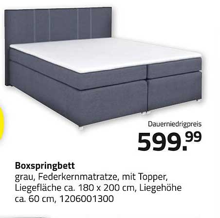 Boxspringbett Grau mit Federkernmatratze und Topper