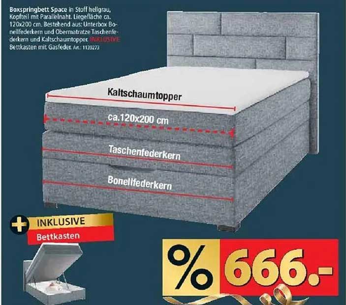 Boxspringbett Space in Stoff hellgrau mit Bettkasten