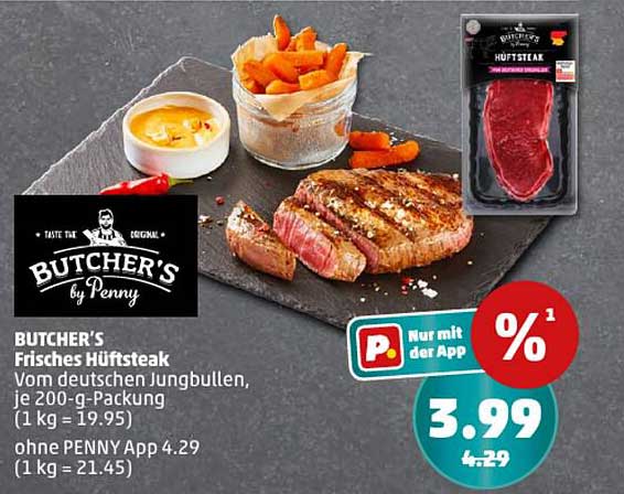 BUTCHER'S Frisches Hüftsteak vom deutschen Jungbullen, je 200-g-Packung