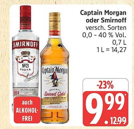 Captain Morgan oder Smirnoff – Verschiedene Sorten 0,0 - 40 % Vol. 0,7 L