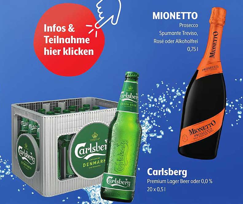 Carlsberg Premium Lager Beer oder 0,0 % – 20 x 0,5 l und Mionetto Prosecco Spumante Treviso, Rosé oder Alkoholfrei 0,75 l