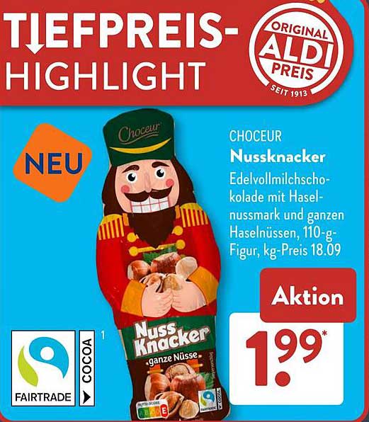 CHOCEUR Nussknacker Edelvollmilchschokolade mit Haselnussmark und ganzen Haselnüssen, 110-g-Figur