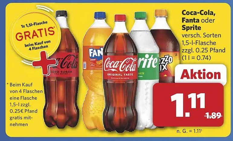 Coca-Cola, Fanta oder Sprite 1,5-Liter-Flasche, 1,11 € statt 1,89 € – 1 Flasche gratis beim Kauf von 4 Flaschen