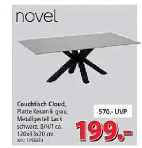 Couchtisch Cloud, Platte Keramik grau, Metallgestell Lack schwarz