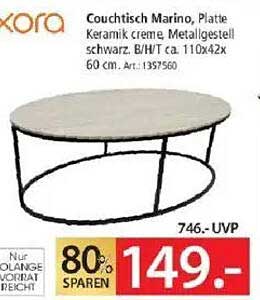 Couchtisch Marino, Platte Keramik creme, Metallgestell schwarz