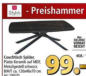 Couchtisch Spider, Platte Keramik auf MDF, Metallgestell schwarz