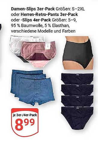 Damen-Slips 3er-Pack oder Herren-Retro-Pants 3er-Pack