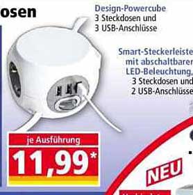 Design-Powercube mit 3 Steckdosen und 3 USB-Anschlüssen