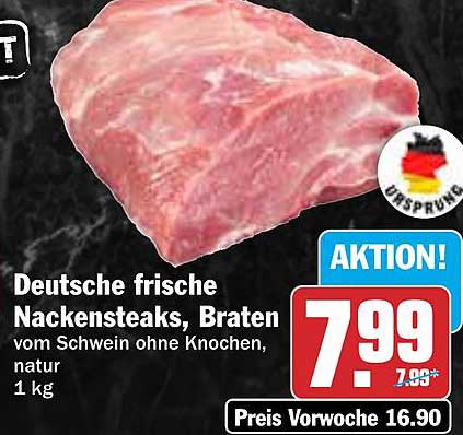 Deutsche frische Nackensteaks, Braten vom Schwein ohne Knochen, natur, 1 kg