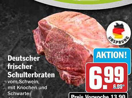 Deutscher frischer Schulterbraten vom Schwein, mit Knochen und Schwarte