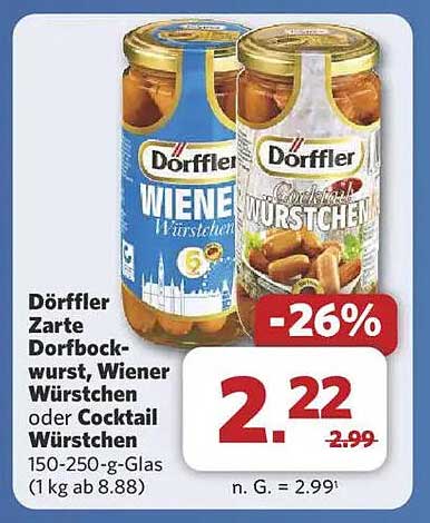 Dörffler Zarte Dörfbockwurst, Wiener Würstchen oder Cocktail Würstchen