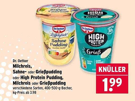 Dr. Oetker Milchreis, Sahne- oder Grießpudding oder High Protein Pudding, verschiedene Sorten, 400-500-g-Becher