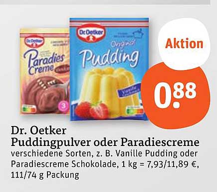 Dr. Oetker Puddingpulver oder Paradiescreme verschiedene Sorten, z. B. Vanille Pudding oder Paradiescreme Schokolade