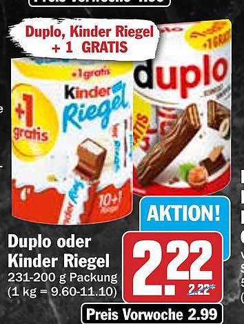 Duplo oder Kinder Riegel + 1 GRATIS
