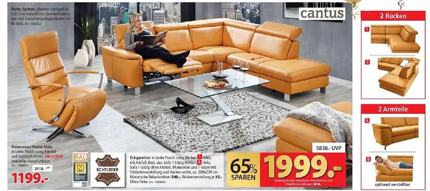 Eckgarnitur in Leder Punch Curry mit 65% Ersparnis!