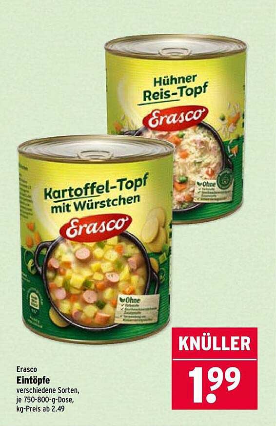Eintöpfe Erasco – Kartoffel-Topf mit Würstchen und Hühnner-Reis-Topf