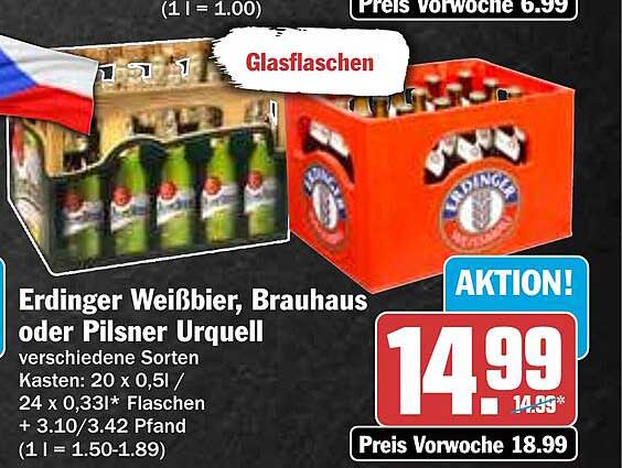 Erdinger Weißbier, Brauhaus oder Pilsner Urquell - Kasten mit verschiedenen Sorten
