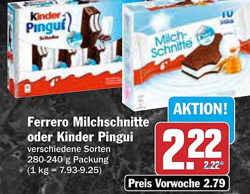 Ferrero Milchschitte oder Kinder Pingui 280-240 g Packung