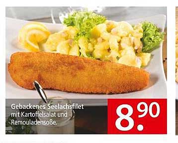 Gebackenes Seelachsfilet mit Kartoffelsalat und Remouladensoße