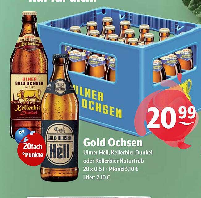 Gold Ochsen Ulmer Hell, Kellerbier Dunkel oder Kellerbier Naturtrüb – 20 x 0,51 l