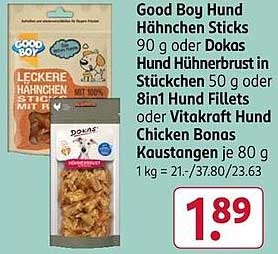 Good Boy Hund Hähnchen Sticks 90 g oder Dokas Hund Hühnerbrust in Stückchen 50 g oder 8in1 Hund Fillets oder Vitakraft Hund Chicken Bonas Kaustangen je 80 g