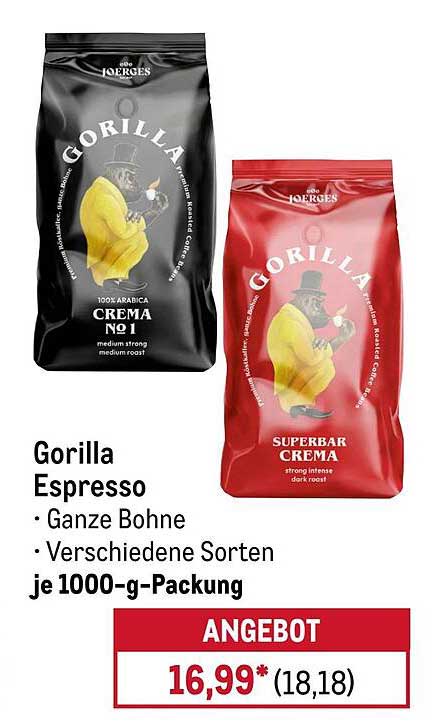 Gorilla Espresso – Ganze Bohne in verschiedenen Sorten je 1000-g-Packung