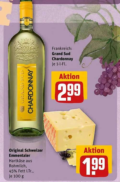 Grand Sud Chardonnay 1 l Flasche & Original Schweizer Emmentaler 100 g