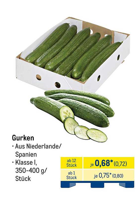 Gurken aus den Niederlanden/Spanien – Klasse I, 350-400 g, je Stück