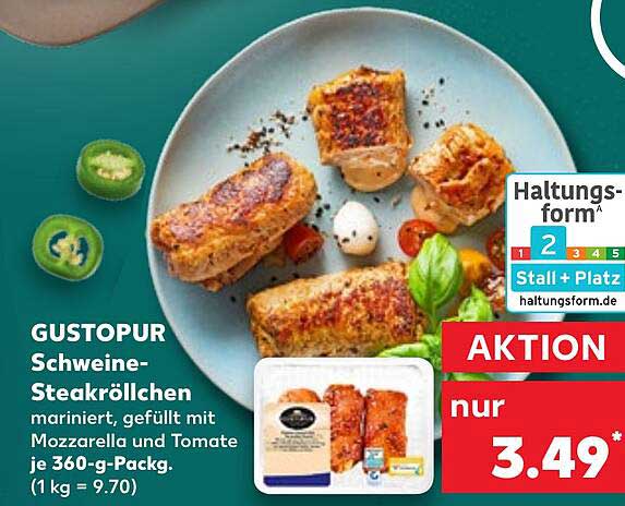 GUSTOPUR Schweine-Steakröllchen mariniert, gefüllt mit Mozzarella und Tomate 360-g-Pack.