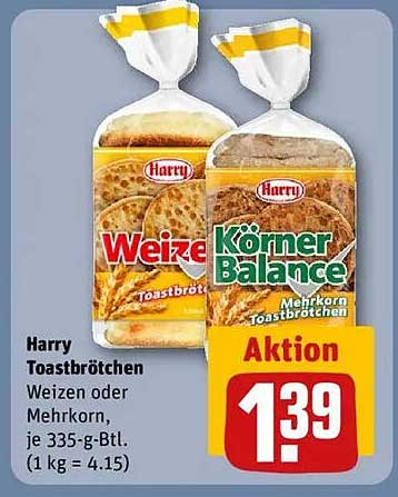 Harry Toastbrötchen Weizen oder Mehrkorn, je 335-g-Btl.