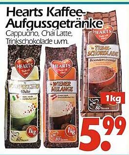 Hearts Kaffee-Aufgussgetränke 1kg – Cappuccino, Chai Latte, Trinkschokolade uvm.