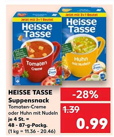 HEISSE TASSE Suppensnack Tomaten-Creme oder Huhn mit Nudeln