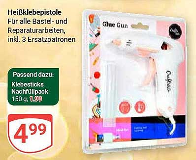 Heißklebepistole für alle Bastel- und Reparaturarbeiten, inkl. 3 Ersatzpatronen