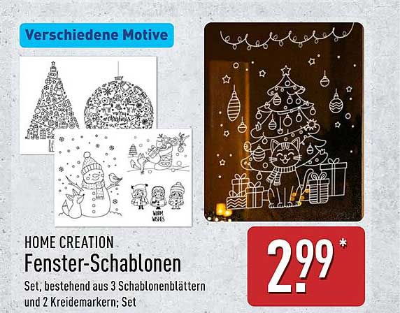 HOME CREATION Fenster-Schablonen Set, bestehend aus 3 Schablonenblättern und 2 Kreidemarkern; Set