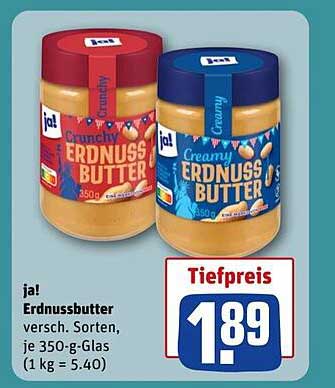 ja! Erdnussbutter versch. Sorten, je 350-g-Glas