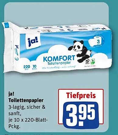ja! Komfort Toilettenpapier 3-lagig, 10 x 220-Blatt-Packung