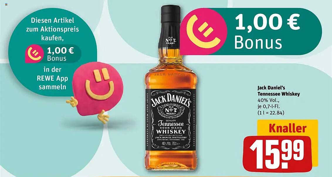 Jack Daniel's Tennessee Whiskey 0,7 l für nur 15,99 €