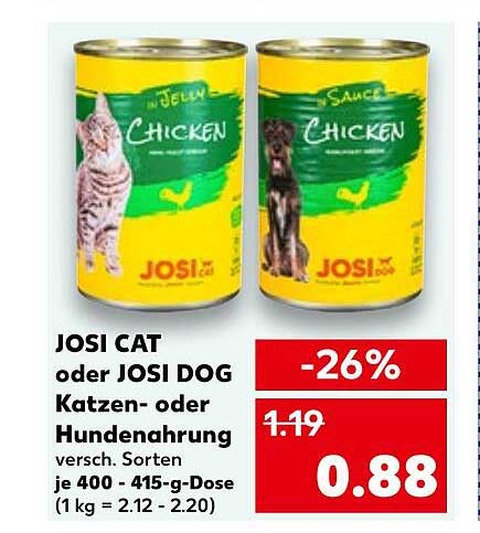 JOSI CAT oder JOSI DOG Katzen- oder Hundenahrung, 400-415 g-Dose