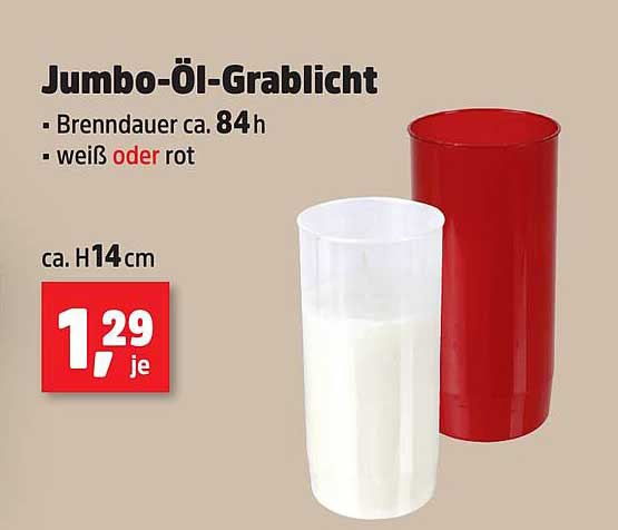 Jumbo-Öl-Grablicht - Brenndauer ca. 84h, weiß oder rot
