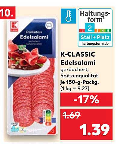 K-CLASSIC Edelsalami geräuchert, Spitzenqualität je 150-g-Pack.