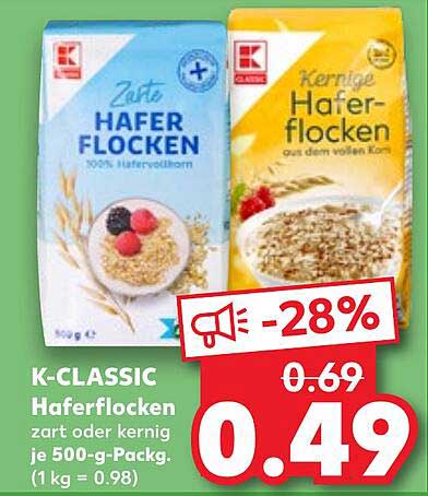K-CLASSIC Haferflocken zart oder kernig je 500-g-Pack.