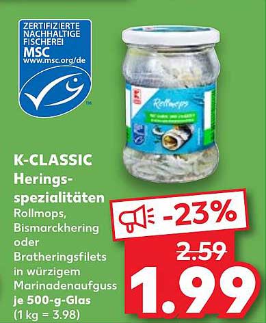 K-CLASSIC Heringsspezialitäten Rollmops, Bismarckhering oder Bratheringsfilets in würzigem Marinadeaufguss je 500-g-Glas