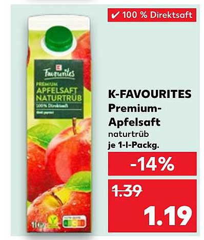 K-Favourites Premium-Apfelsaft naturtrüb je 1-l-Packung