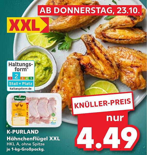 K-PURLAND Hähnchenflügel XXL HKL A, ohne Spitze, je 1-kg-Großpackg.