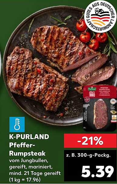K-PURLAND Pfeffer-Rumpsteak vom Jungbullen, gereift, mariniert, mind. 21 Tage gereift