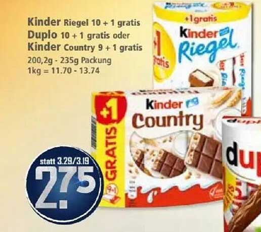 Kinder Riegel 10 + 1 gratis oder Duplo 10 + 1 gratis oder Kinder Country 9 + 1 gratis