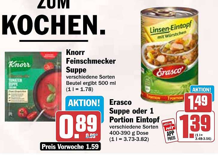 Knorr Feinschmecker Suppe und Erasco Linsen-Eintopf mit Würstchen