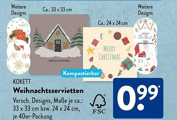 KOKETT Weihnachtsservietten - Verschiedene Designs, 40er-Packung